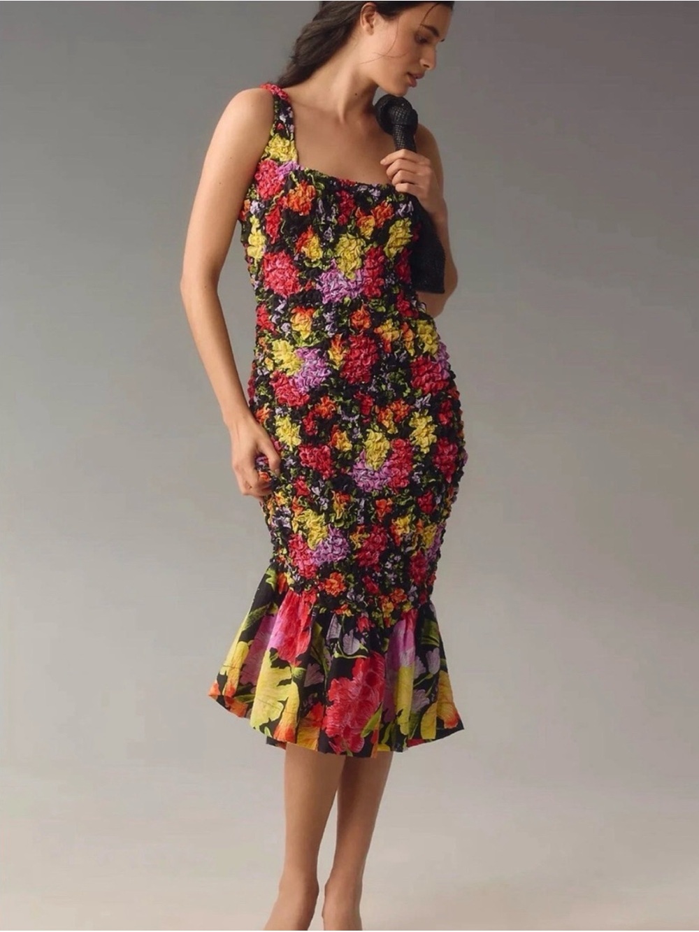 Anthropologie Yukiko Noritake Square Neck Pebble Smocked Floral Dress L/XL